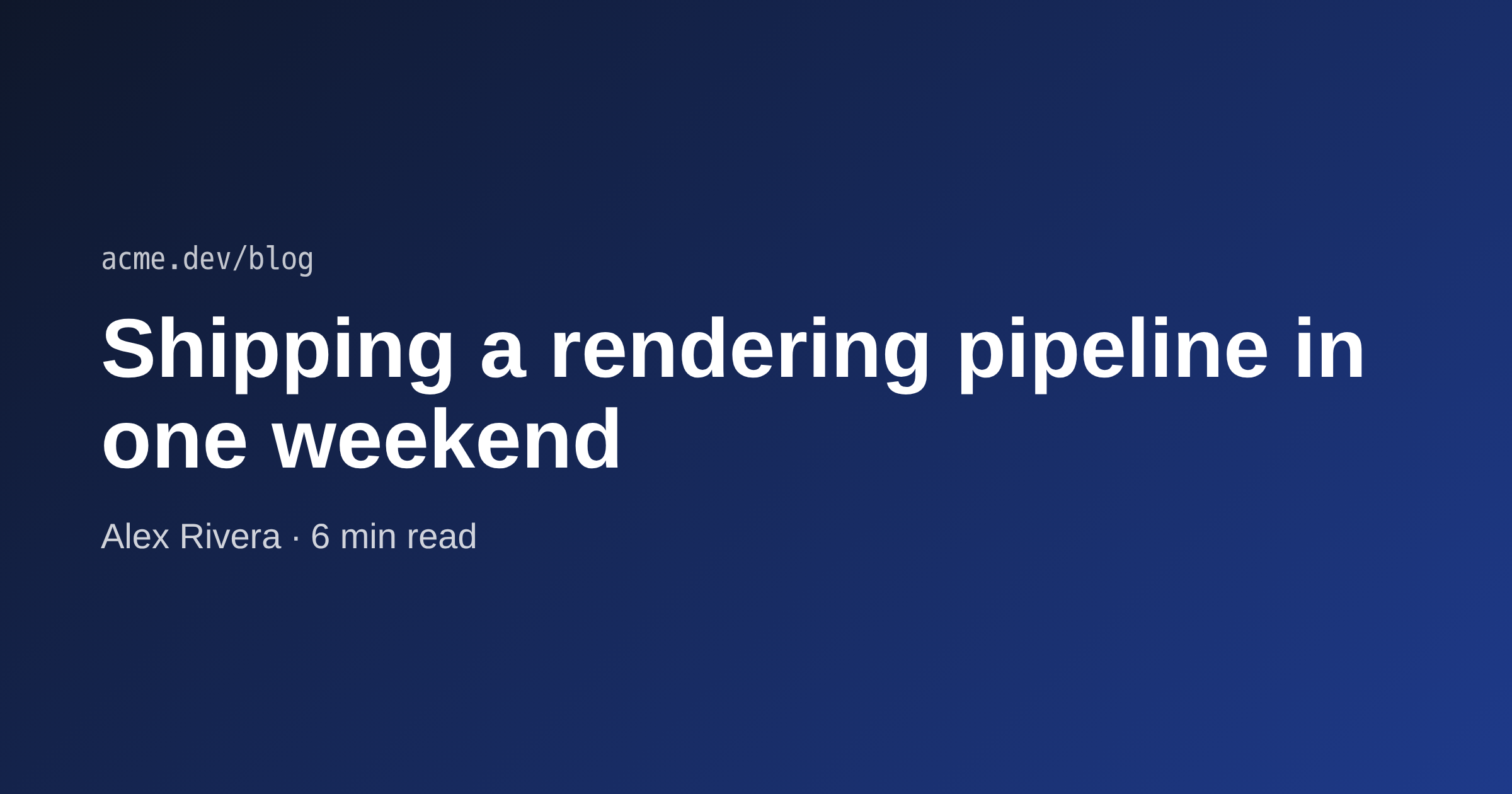 A SaaS engineering blog card: headline 'How we cut cold starts by 4x with a warm pool', author Maya Reyes with avatar and read time