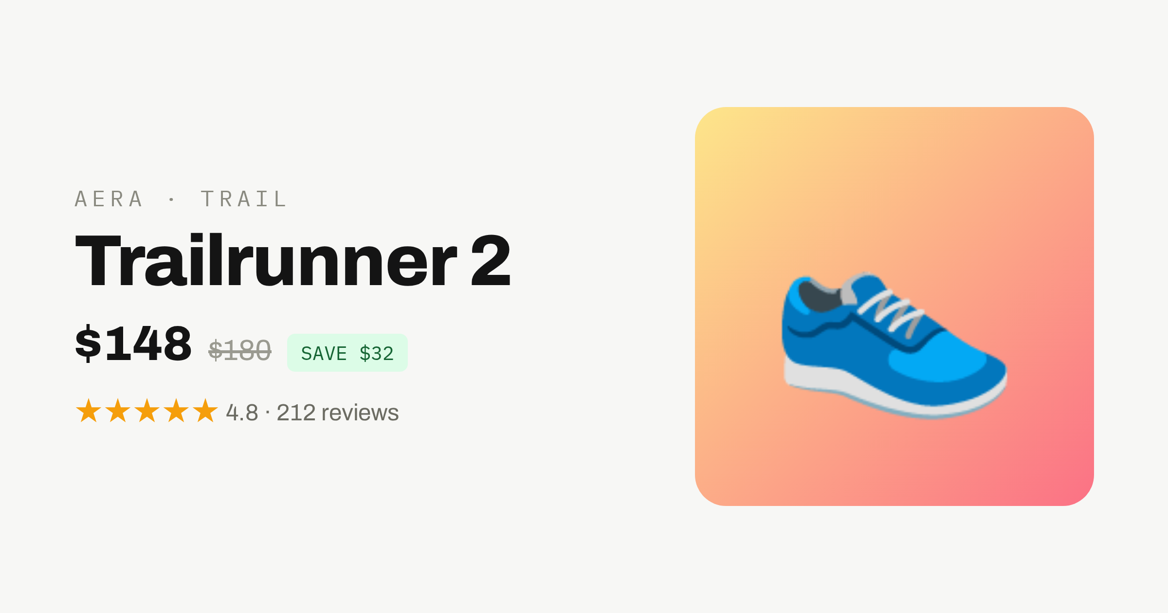 E-commerce card: Trailrunner 2 sneaker, $148 down from $180, 4.8 stars